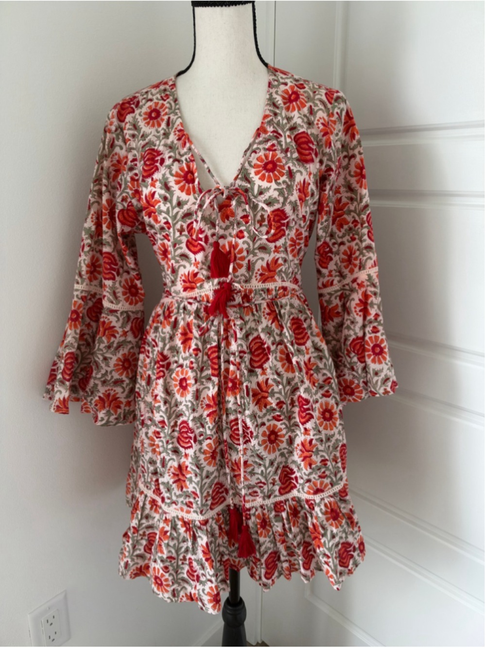 Made in India 100% Cotton Block-print Red Orange White Floral Mini Dress Beach